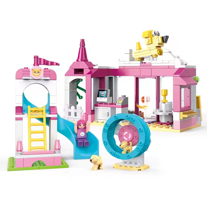 Bricks Box Friends Pet Day Care Center set with LEGO-style pet care building, mini figures, and animal-themed accessories.