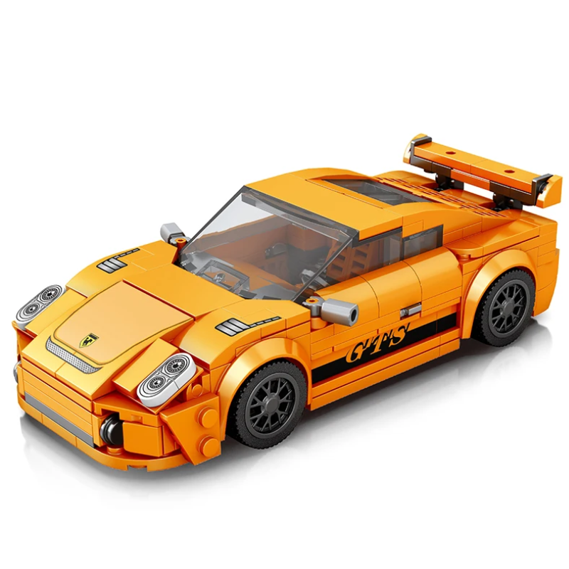 Bricks Box Supercar in bright yellow, Porsche-style build made from LEGO-style bricks with sleek curves and detailed features.