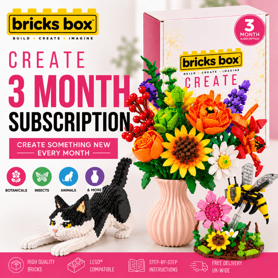 Bricks Box Create 3 Month Subscription with three creative brick building projects