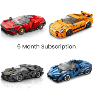Image showing four detailed brick-built Supercars from the Bricks Box 6-Month Subscription, each with unique styling and vibrant colors, compatible with LEGO and other brands.